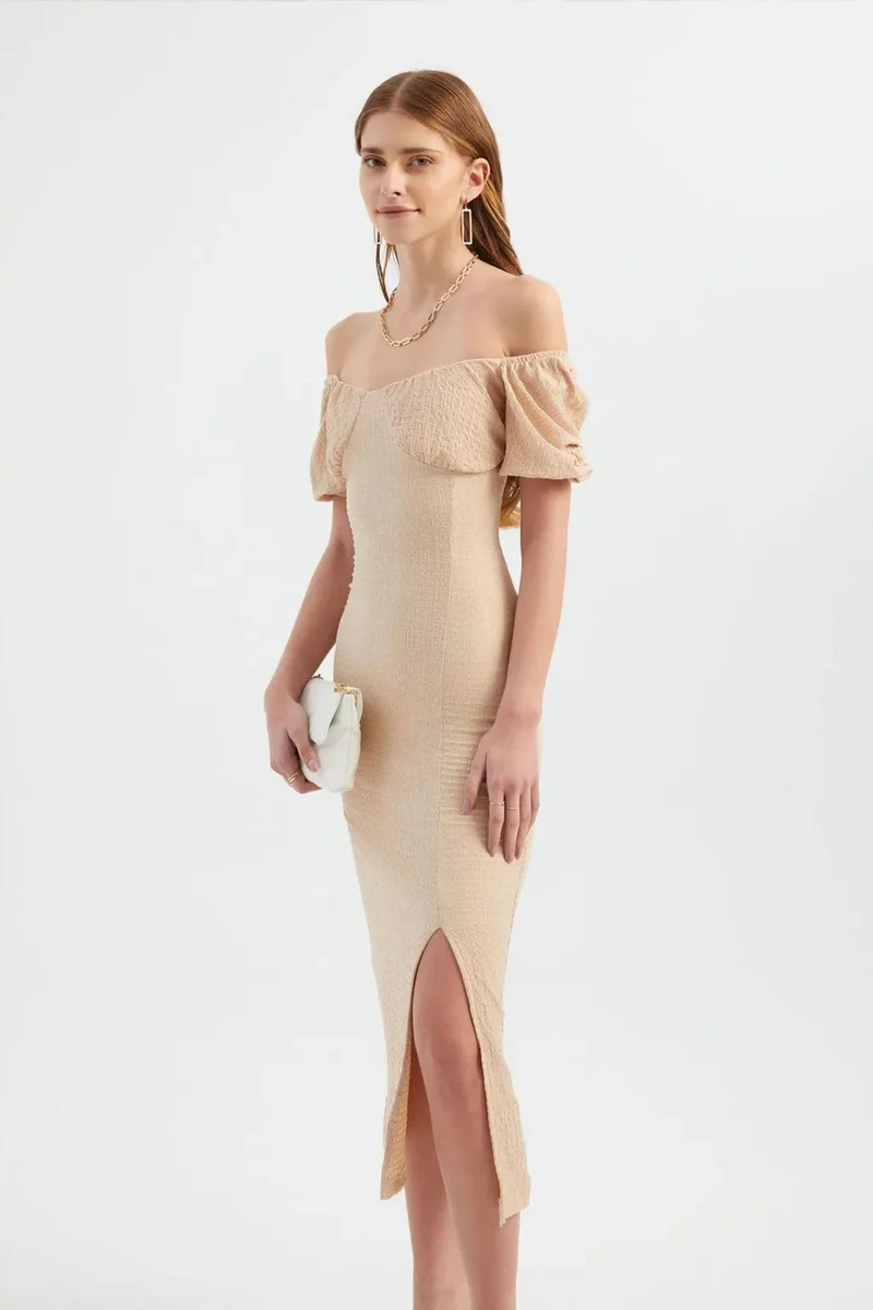 Hiccup Beige Natural Sweetheart Neck Smocked Balloon Sleeves Midi Dress with a Side Slit for Women | Best Price UAE
