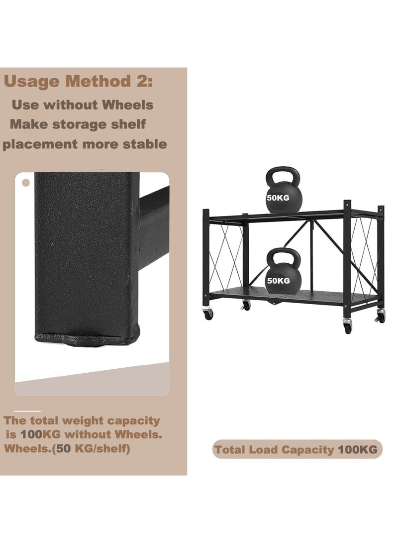 ACPLAY 2 Tier Thickened Foldable Storage Rack with Wheels,No Assembly,Large Capacity Shelves,Heavy-Duty Metal Shelving Unit Rolling Cart for Garage, Kitchen, Basement, Pantry(Black, 2-Tier) - Image 3