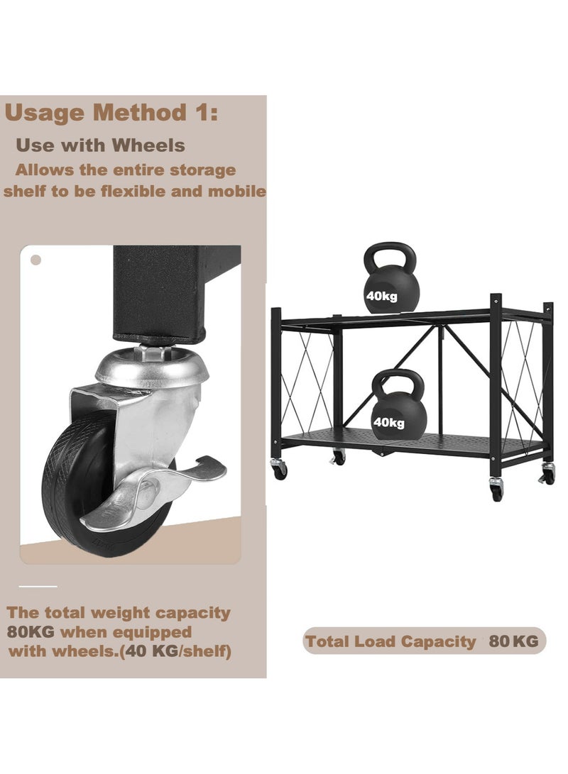 ACPLAY 2 Tier Thickened Foldable Storage Rack with Wheels,No Assembly,Large Capacity Shelves,Heavy-Duty Metal Shelving Unit Rolling Cart for Garage, Kitchen, Basement, Pantry(Black, 2-Tier) - Image 4