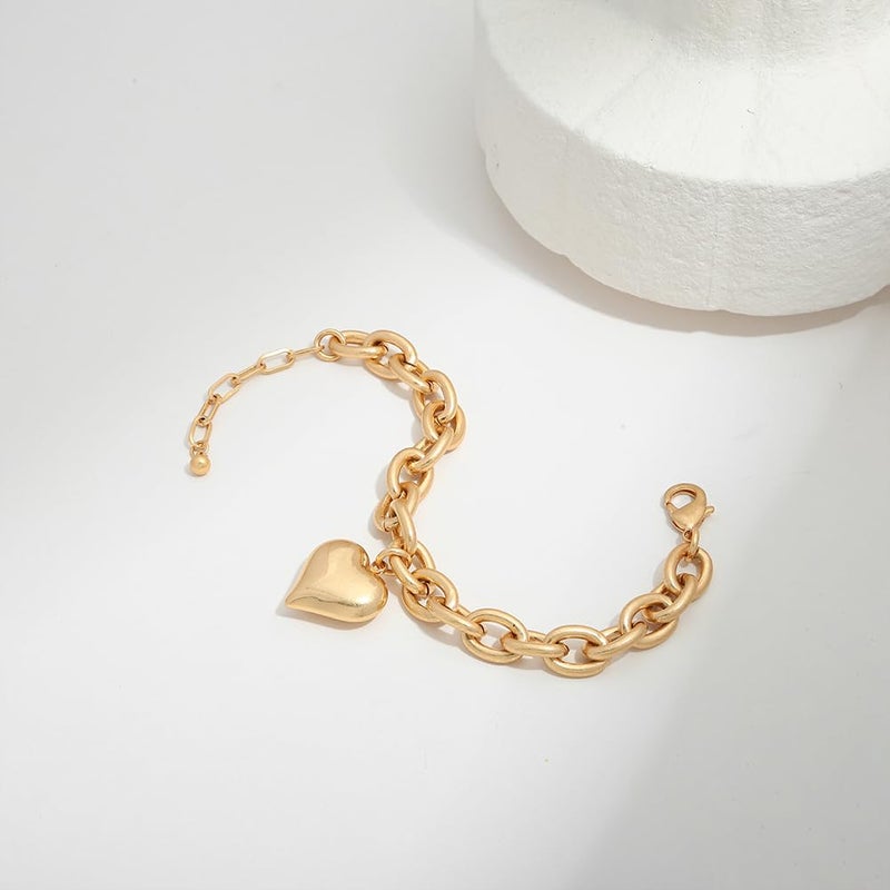 FAUTHENTICUTE Worn Gold Heart Bracelets For Women Chunky Gold Link Bracelets With A Heart Charm Mothers Day Love Bracelet present - Image 4