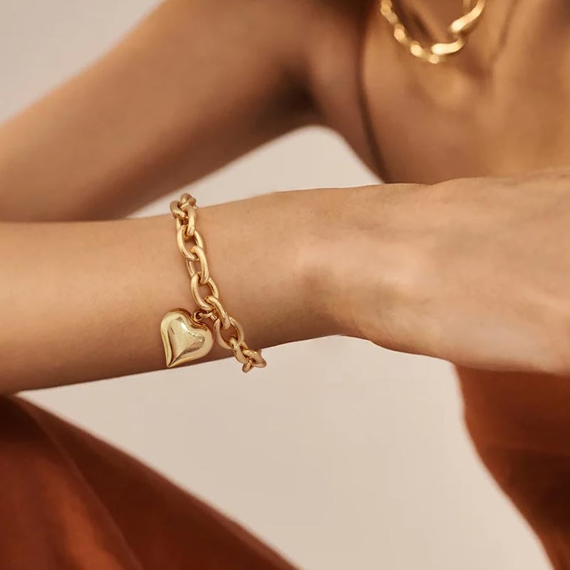 FAUTHENTICUTE Worn Gold Heart Bracelets For Women Chunky Gold Link Bracelets With A Heart Charm Mothers Day Love Bracelet present - Image 2