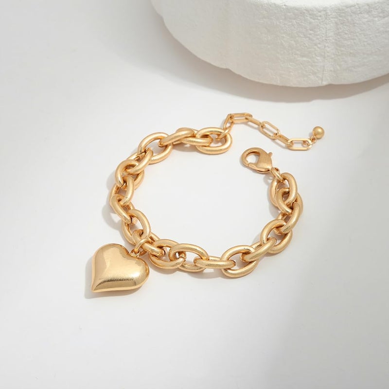 FAUTHENTICUTE Worn Gold Heart Bracelets For Women Chunky Gold Link Bracelets With A Heart Charm Mothers Day Love Bracelet present - Image 3