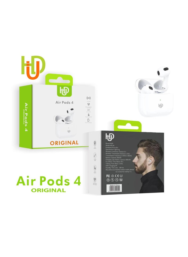HD Air Pods 4 - Original Lightning Wireless Bluetooth Earbuds, 4 Hours Music Time, Crystal Clear Sound