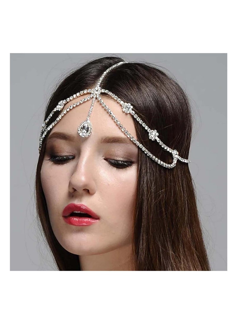Excefore Bridal Wedding Crystal Layered Head Chain Jewelry Silver Bridal Head Band Sparkling Rhinestone Bridal Head Chain - Image 1