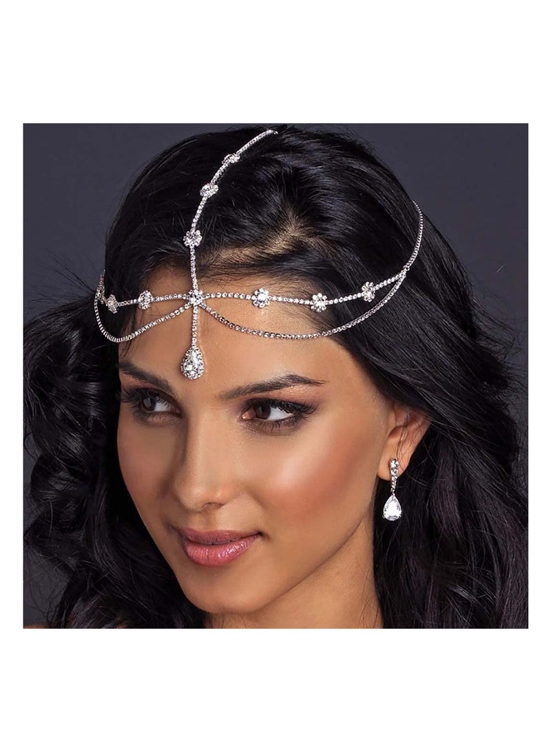 Excefore Bridal Wedding Crystal Layered Head Chain Jewelry Silver Bridal Head Band Sparkling Rhinestone Bridal Head Chain - Image 2