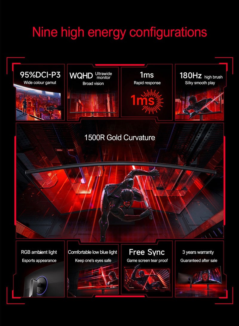 Xiaomi 34 inch MI Curved Gaming Monitor (G34WQ) 1ms Fast Response 21:9 180Hz High Refresh Rate 1500R Curvature WQHD 3440x1440 Resolution sRGB Wide Colour Gamut Free-Sync (DP x2, HDMI x2, Audio Port x1, DC IN x1) Black - Image 3