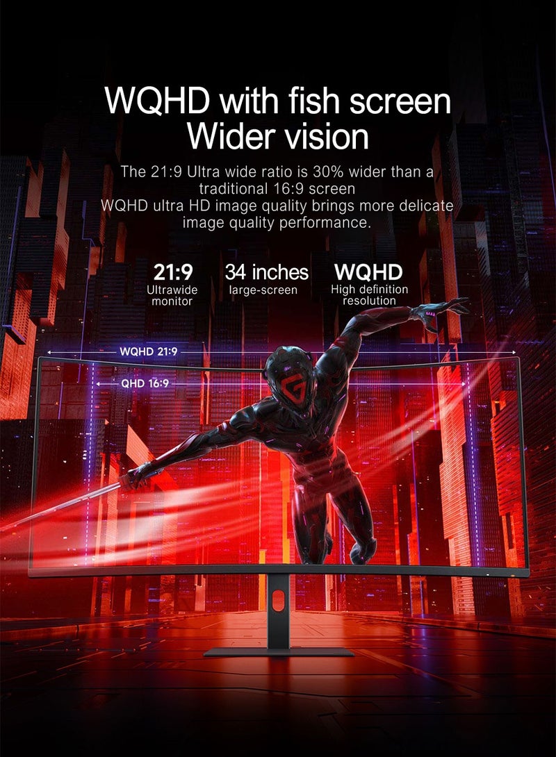 Xiaomi 34 inch MI Curved Gaming Monitor (G34WQ) 1ms Fast Response 21:9 180Hz High Refresh Rate 1500R Curvature WQHD 3440x1440 Resolution sRGB Wide Colour Gamut Free-Sync (DP x2, HDMI x2, Audio Port x1, DC IN x1) Black - Image 5