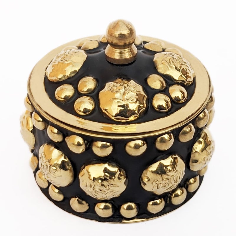 KOIL Handcrafted Black & Gold Sindoor Dibbi: Brass Elements & Shiny Brass Kumkum Box, Sindoor Dani Fancy Sindoor Dibbi Earrings Moti Box, Ideal for Gifting & Decoration - Image 1