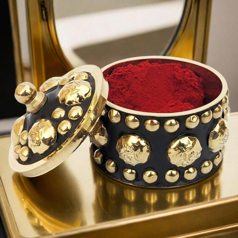 KOIL Handcrafted Black & Gold Sindoor Dibbi: Brass Elements & Shiny Brass Kumkum Box, Sindoor Dani Fancy Sindoor Dibbi Earrings Moti Box, Ideal for Gifting & Decoration - Image 2