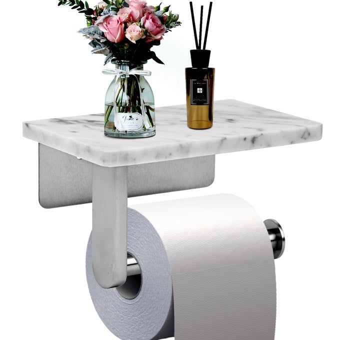 TOILET PAPER HOLDER WITH NATURAL MARBLE SHELF FOR BATHROOM WASHROOMWALL MOUNTED TISSUE HOLDER SUITABLE FOR MEGA ROLL BRUSHED NICKELSMALL 67 43 IN