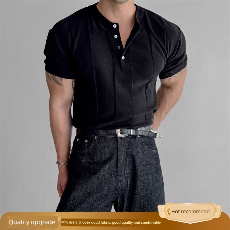 Old money wind corrugated Henry collar slim knit short-sleeved t-shirt men's summer high-end sense business commuting casual top - Image 1