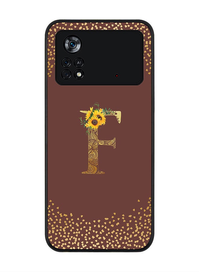 Stylizedd Rugged Black edge case for Poco M4 Pro 4G Slim fit Soft Case Flexible Rubber Edges Anti Drop TPU Gel Thin Cover - Custom Monogram Initial Letter Floral Pattern Alphabet - F (Brown ) - Image 1