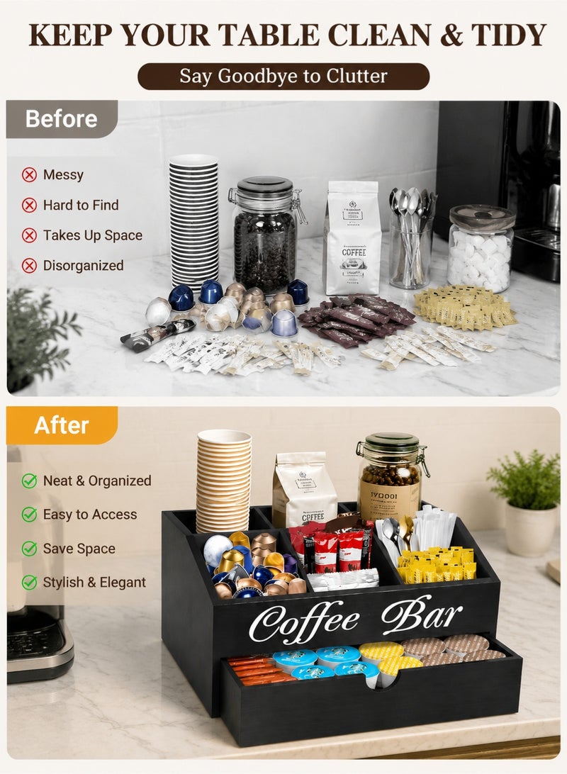 MYONE Wooden Coffee Station Organizer with Drawer, Coffee Pod Holder and Tea Bag Storage, Countertop Coffee Bar Accessories Organizer with 5 Compartments for Home Office Kitchen - Image 4