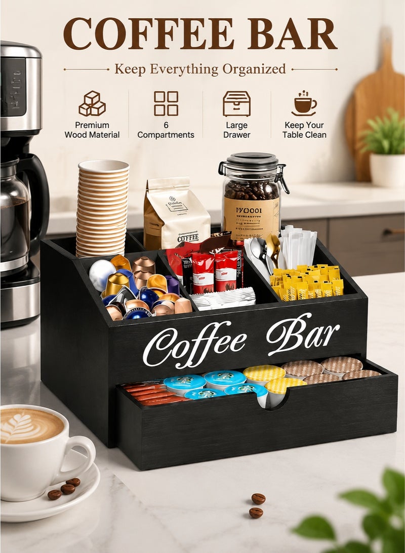 MYONE Wooden Coffee Station Organizer with Drawer, Coffee Pod Holder and Tea Bag Storage, Countertop Coffee Bar Accessories Organizer with 5 Compartments for Home Office Kitchen - Image 1