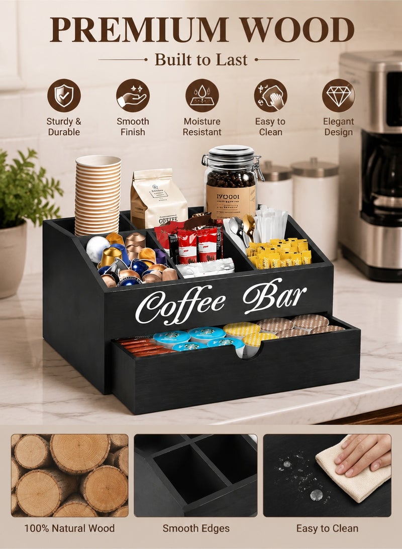 MYONE Wooden Coffee Station Organizer with Drawer, Coffee Pod Holder and Tea Bag Storage, Countertop Coffee Bar Accessories Organizer with 5 Compartments for Home Office Kitchen - Image 3