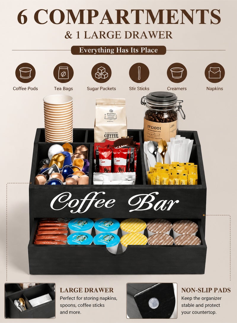 MYONE Wooden Coffee Station Organizer with Drawer, Coffee Pod Holder and Tea Bag Storage, Countertop Coffee Bar Accessories Organizer with 5 Compartments for Home Office Kitchen - Image 2