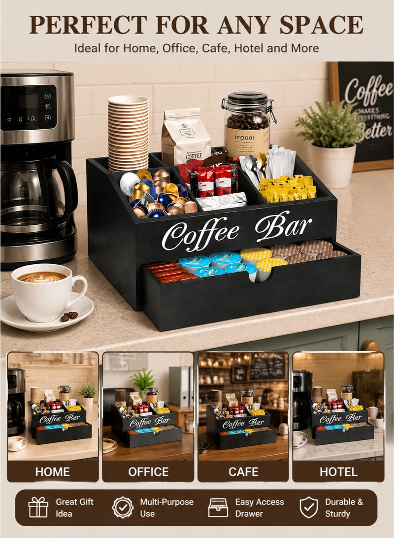 MYONE Wooden Coffee Station Organizer with Drawer, Coffee Pod Holder and Tea Bag Storage, Countertop Coffee Bar Accessories Organizer with 5 Compartments for Home Office Kitchen - Image 5