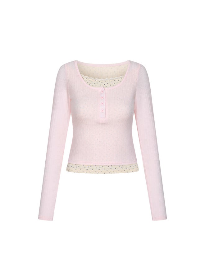 H822 Lace Fake Two-piece U-neck Long-sleeved T-shirt Women's Spring And Autumn French Slim-fit Inner Sweet Spice Girl Top For Women