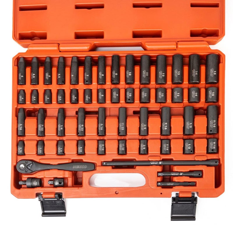 Neiko NEIKO 02437A 1/4 Drive Impact Socket Set 54 Piece Metric & Standard, Deep & Shallow Chrome Vanadium Steel 3/8” to 1/4” Reducer Hex Shank Adapter, Metric and Standard, Deep Socket Set  - Image 1