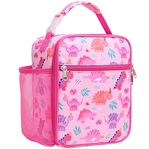 Bagseri Kids Lunch Box Insulated Lunch Box Bag for Girls Portable Reusable Toddler Lunch Cooler Bag for School Waterresistant LiningPink Crown Dinosaur