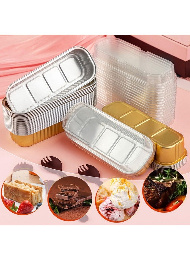 FFNIU 60Pcs Mini Loaf Pans with Lids and Spoons, Aluminum Foil Baking Pans, Rectangle Mini Cake Pans, Brownie Baking Cups for Picnics Party (Gold) - Image 4