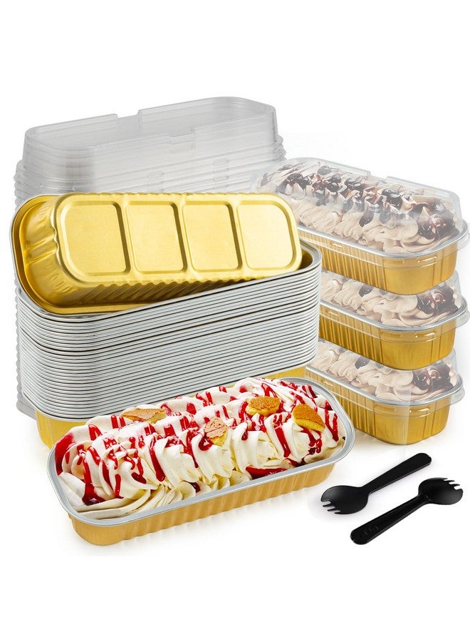 FFNIU 60Pcs Mini Loaf Pans with Lids and Spoons, Aluminum Foil Baking Pans, Rectangle Mini Cake Pans, Brownie Baking Cups for Picnics Party (Gold) - Image 1