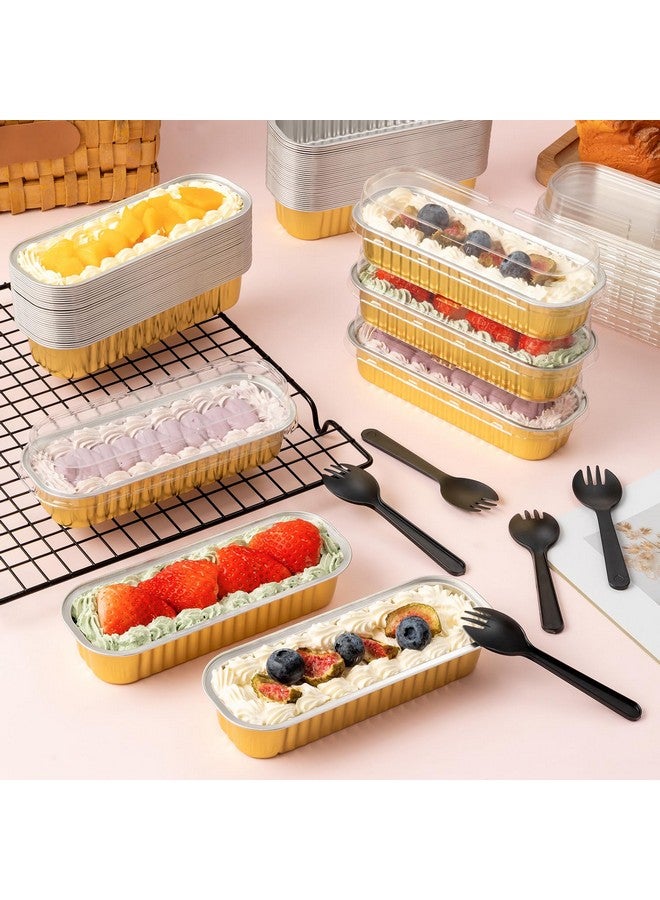 FFNIU 60Pcs Mini Loaf Pans with Lids and Spoons, Aluminum Foil Baking Pans, Rectangle Mini Cake Pans, Brownie Baking Cups for Picnics Party (Gold) - Image 2