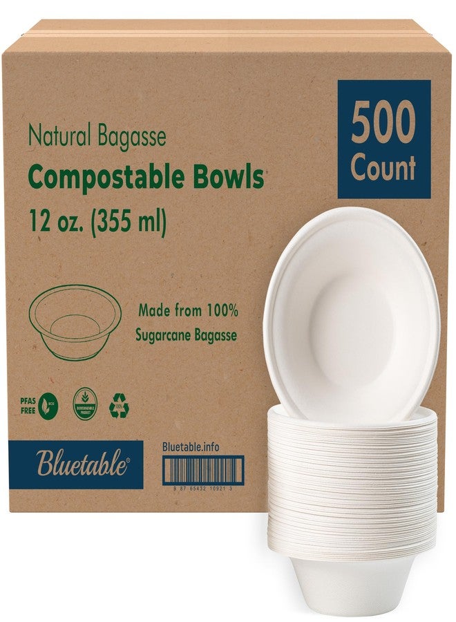 Bluetable Paper Bowls Disposable Bowls Compostable [500 Pack] Bulk 12 oz Biodegradable Bowl - Case Pack Good For Hot Soup Chili - Made from 100% Sugarcane, Eco Friendly Bagasse Bowls Natural [500 Pack/Case] - Image 1