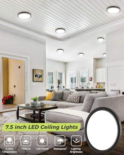 hepside 1PACK LED Flush Mount Ceiling Light, 3CCT Selectable 3000K-4000K-6500K & 100W Equivalent Modern Kitchen Ceiling Light Fixture 15W 1500Lm 7.5 Inch for Bathroom Closet Laundry Bedroom Hallway - Image 2