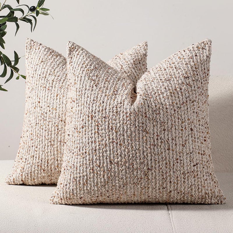 DEZENE Striped Throw Pillow Covers 20x20 Set of 2 Beige Textured Boucle Chic Morden Boho Accent Farmhouse Square Decorative Couch Pillow Covers for Home Decor Bed Sofa Living Room - Image 1
