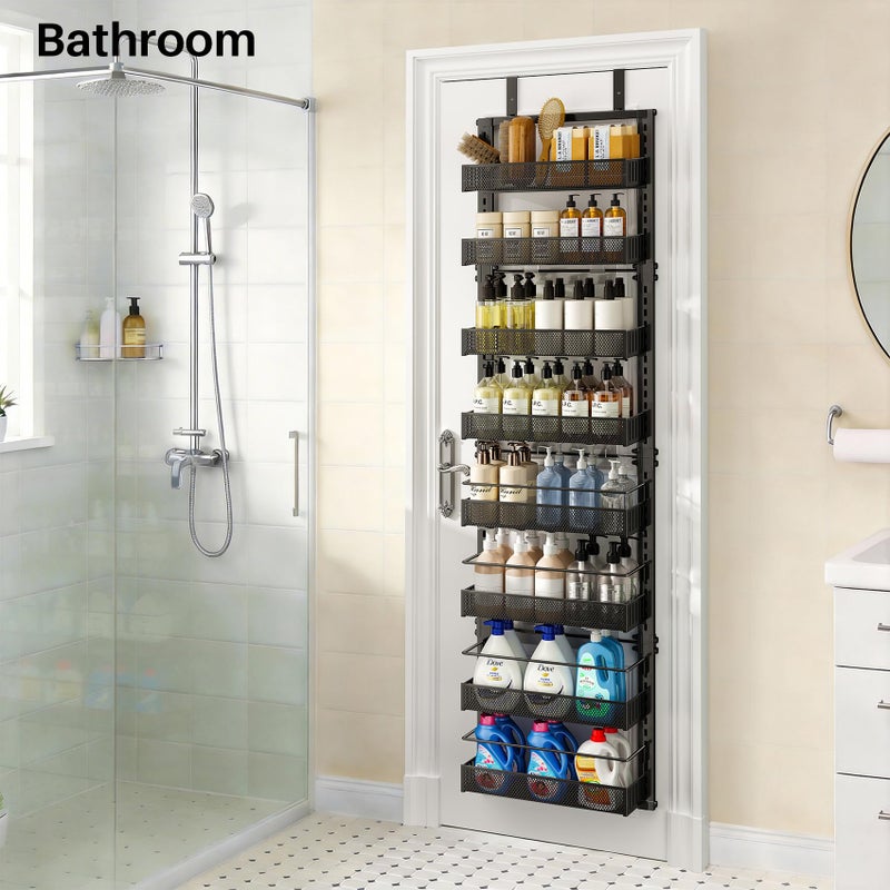SNTD 8 Tiers Over the Door Organizer - Height Adjustable Pantry Organizers and Storage with Dense Mesh Baskets, Anti-Swing Hanging Door Spice Rack for Kitchen Bathroom (Black, 12.3"W x 4.7"D x 69"H) - Image 5