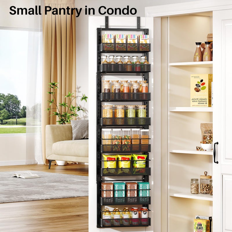 SNTD 8 Tiers Over the Door Organizer - Height Adjustable Pantry Organizers and Storage with Dense Mesh Baskets, Anti-Swing Hanging Door Spice Rack for Kitchen Bathroom (Black, 12.3"W x 4.7"D x 69"H) - Image 3