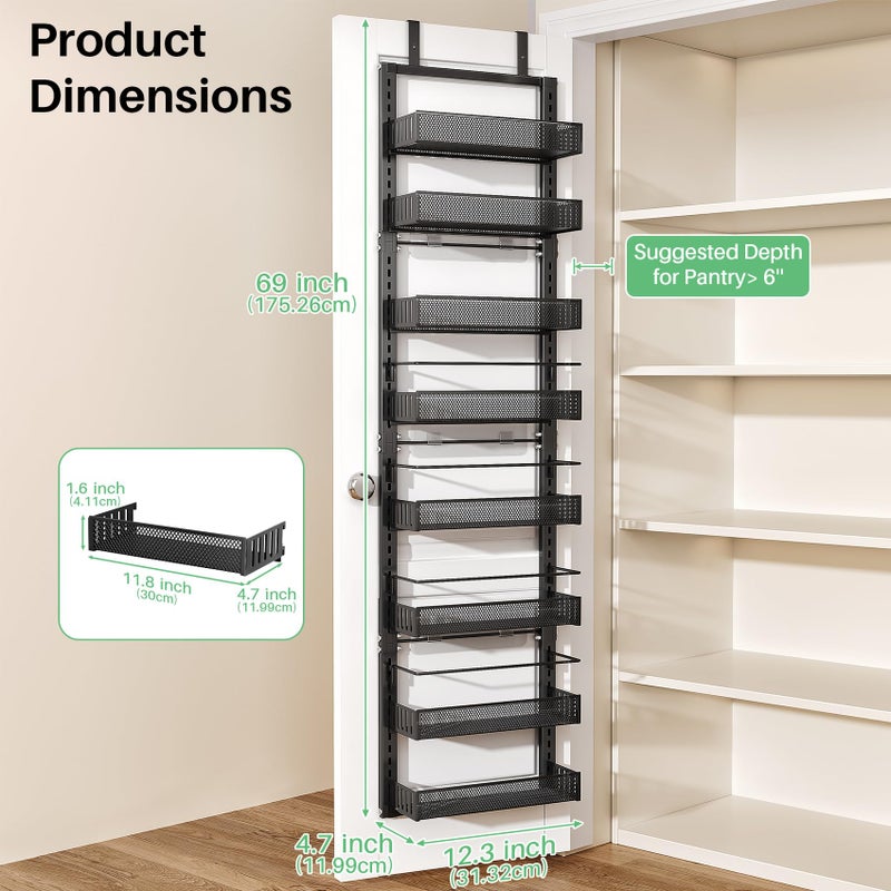 SNTD 8 Tiers Over the Door Organizer - Height Adjustable Pantry Organizers and Storage with Dense Mesh Baskets, Anti-Swing Hanging Door Spice Rack for Kitchen Bathroom (Black, 12.3"W x 4.7"D x 69"H) - Image 2