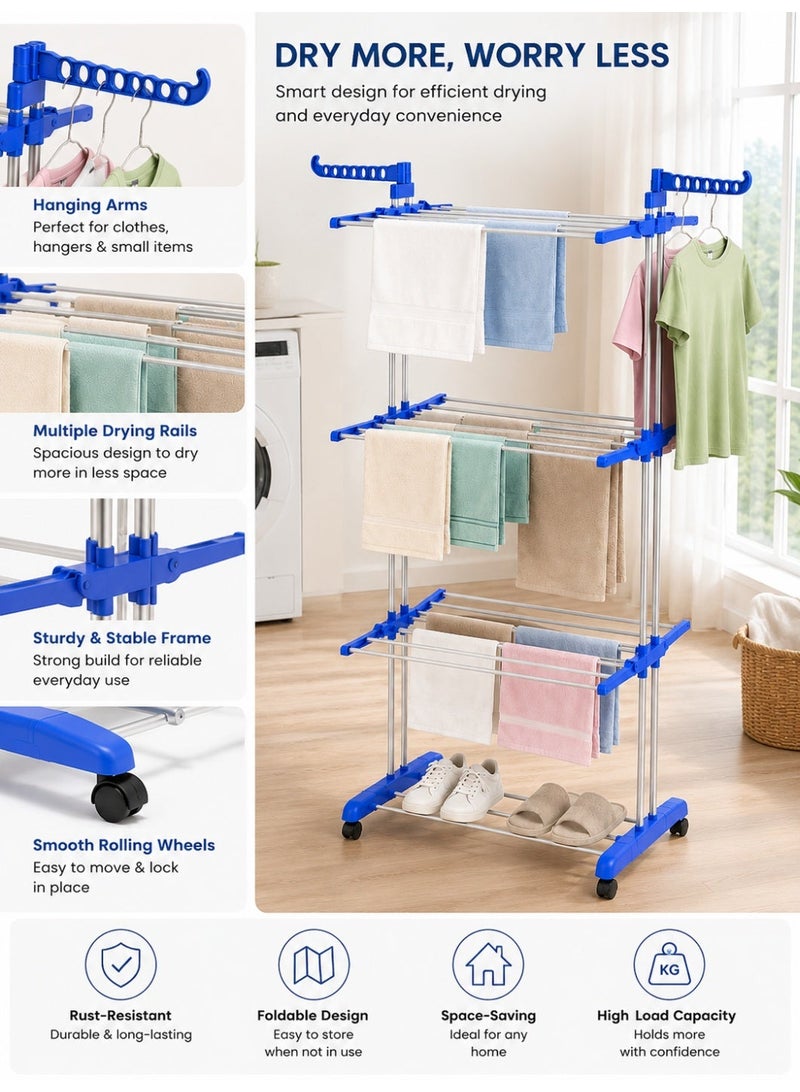 Stainless Steel Cloth Drying Rack, 4-Tier Foldable Rolling Laundry Rack , Adjustable Garment Dryer Stand for Indoor, Outdoor, Balcony & Bathroom - Image 3
