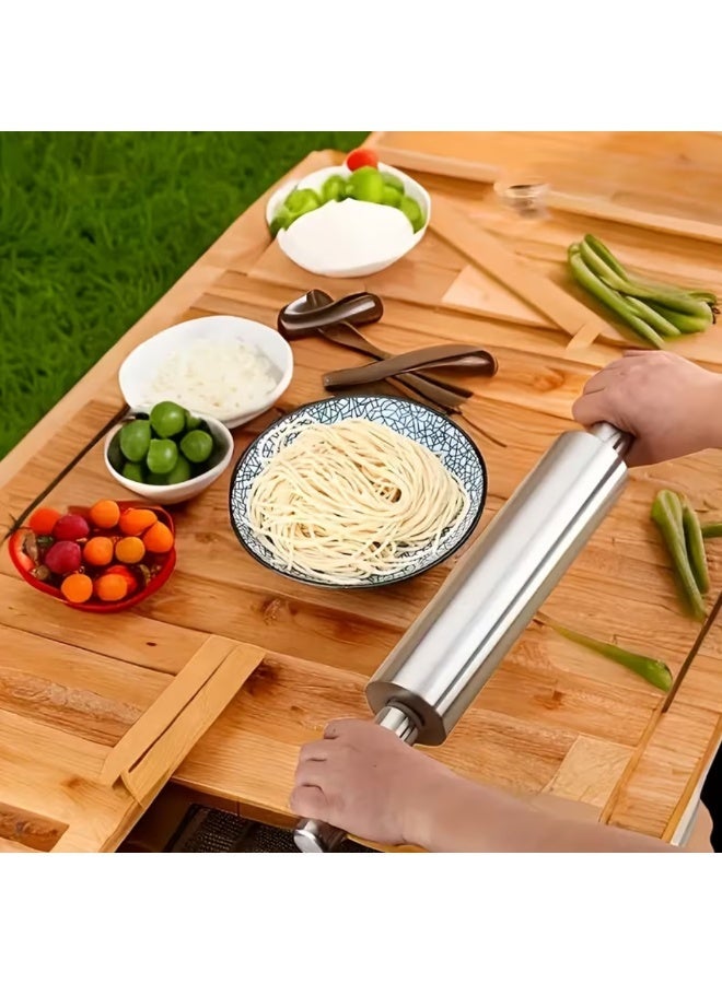 AMM Stainless Steel Rolling Pin with Anti-Slip Handle – Professional Dough Roller for Baking | Manual Noodle Press | Ideal for Pizza, Cookies, Pastries, Pasta | Easy to Clean Baking Tool - Image 3