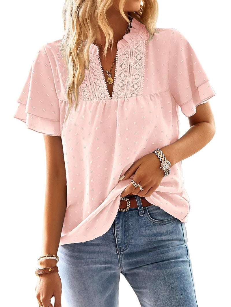 Falechay Womens Tops Summer Blouses for Women 2026 Swiss Dot Butterfly Sleeve Short Sleeves Boho Shirts Pink XL - Image 1