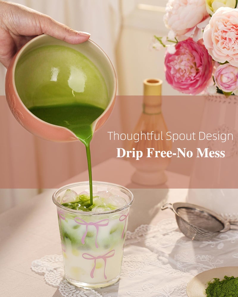 ZENS Matcha Whisk Set, Pink Ceramic Matcha Bowl with Embossed Sakura, 6pcs Matcha Tea Kit Includes Bamboo Whisk, (Chasen Holder) Scoop & Sifter, Tea Towel for Matcha Ceremony, Pink - Image 2