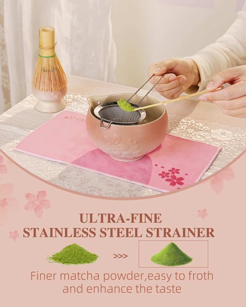 ZENS Matcha Whisk Set, Pink Ceramic Matcha Bowl with Embossed Sakura, 6pcs Matcha Tea Kit Includes Bamboo Whisk, (Chasen Holder) Scoop & Sifter, Tea Towel for Matcha Ceremony, Pink - Image 3