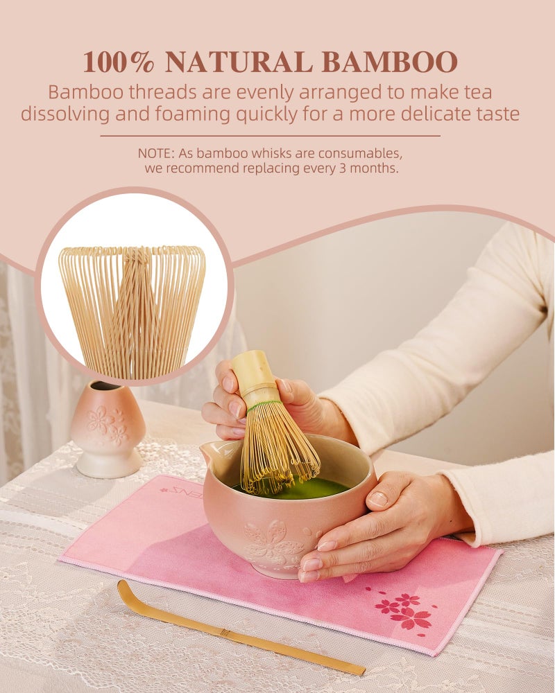 ZENS Matcha Whisk Set, Pink Ceramic Matcha Bowl with Embossed Sakura, 6pcs Matcha Tea Kit Includes Bamboo Whisk, (Chasen Holder) Scoop & Sifter, Tea Towel for Matcha Ceremony, Pink - Image 4