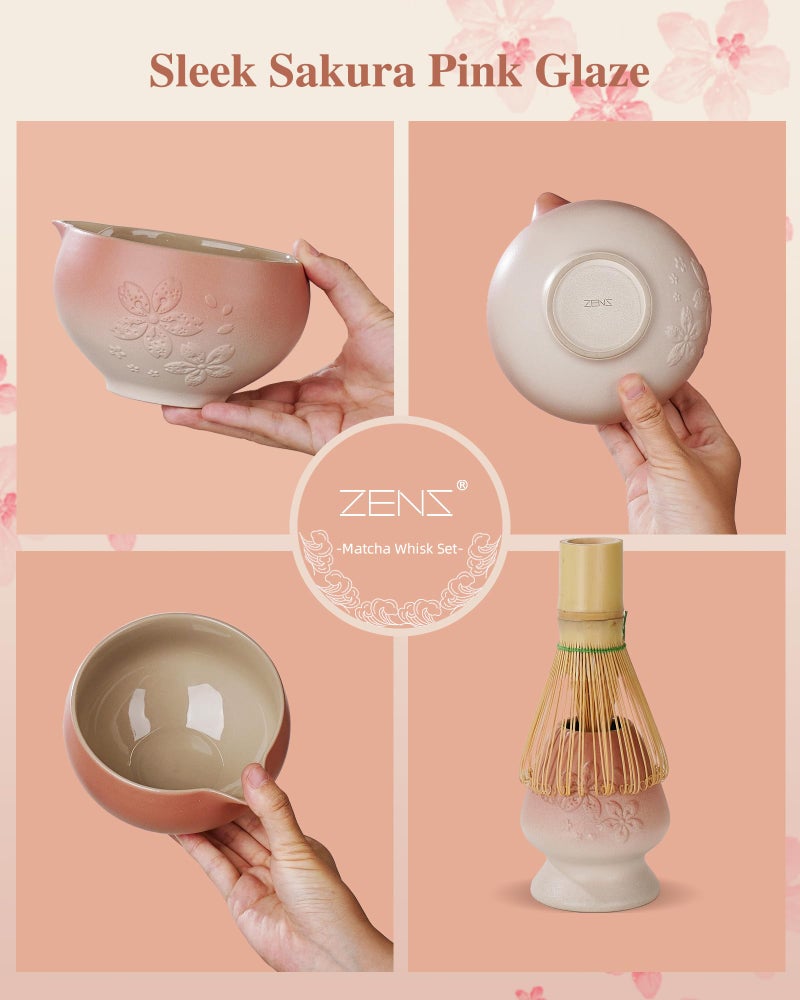 ZENS Matcha Whisk Set, Pink Ceramic Matcha Bowl with Embossed Sakura, 6pcs Matcha Tea Kit Includes Bamboo Whisk, (Chasen Holder) Scoop & Sifter, Tea Towel for Matcha Ceremony, Pink - Image 5