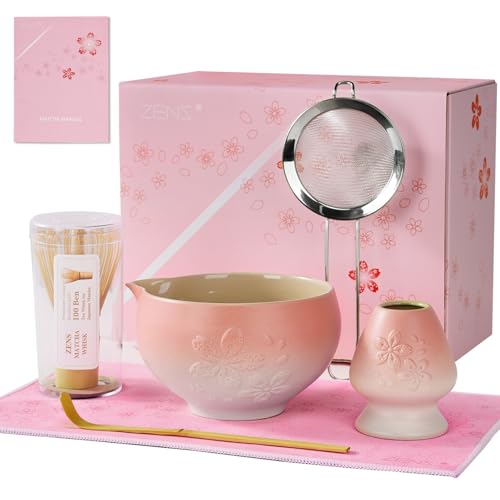 ZENS Matcha Whisk Set, Pink Ceramic Matcha Bowl with Embossed Sakura, 6pcs Matcha Tea Kit Includes Bamboo Whisk, (Chasen Holder) Scoop & Sifter, Tea Towel for Matcha Ceremony, Pink - Image 1