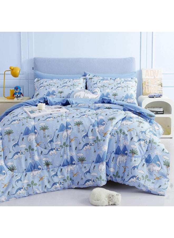 Mooreeke Kids Twin Comforter Sets for Boys 6 Pieces Dinosaur Blue Bedding Set for Teens Soft Microfiber Kids Bed in A Bag with Comforter, Sheet Set, Shams and Decorative Toy Pillow All Season  - Image 1