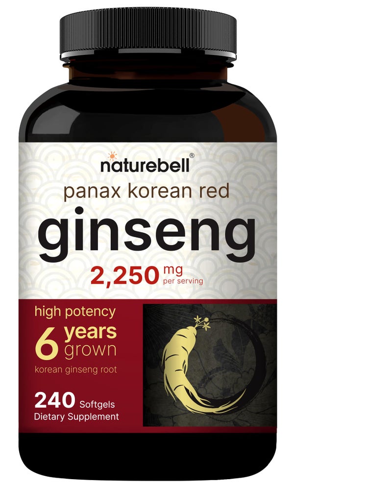 NatureBell جينسنغ كوري أحمر 2,250 ملغ لكل حصة، 240 كبسولة لينة | جذر بانكس جينسنغ، موحد بنسبة 10% من الجينسنوسيدات، غير معدلة وراثيًا، تدعم الطاقة، أداء الذكور، ونظام المناعة - Image 1