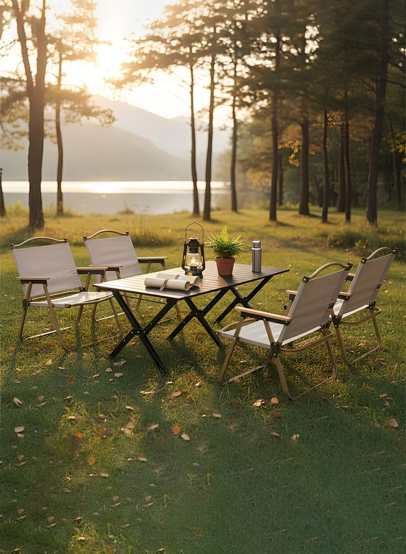 Taimi 5-Piece Camping Set | Portable Camping Table with 4 Chairs, Folding Black Table with Carrying Bag 120x60x45cm and 4 Folding Beige Chairs with Metal Frame & Armrests - Image 2