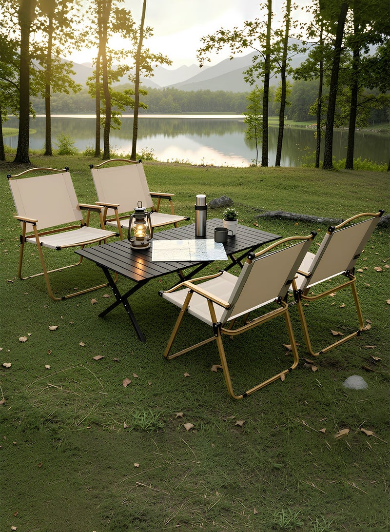 Taimi 5-Piece Camping Set | Portable Camping Table with 4 Chairs, Folding Black Table with Carrying Bag 120x60x45cm and 4 Folding Beige Chairs with Metal Frame & Armrests - Image 1