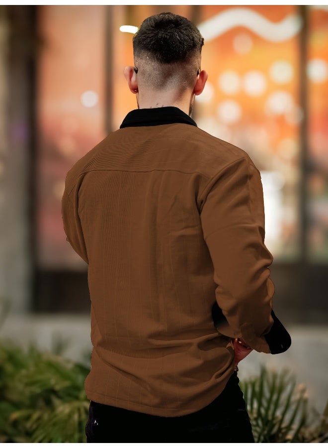 Maniac Maniac Mens Solid Collared Neck Full Sleeve Brown and Black Cotton Shirt  - Image 4