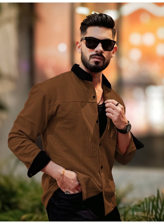 Maniac Maniac Mens Solid Collared Neck Full Sleeve Brown and Black Cotton Shirt  - Image 3