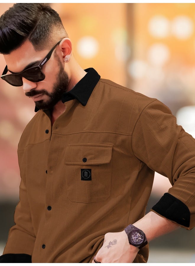 Maniac Maniac Mens Solid Collared Neck Full Sleeve Brown and Black Cotton Shirt  - Image 1
