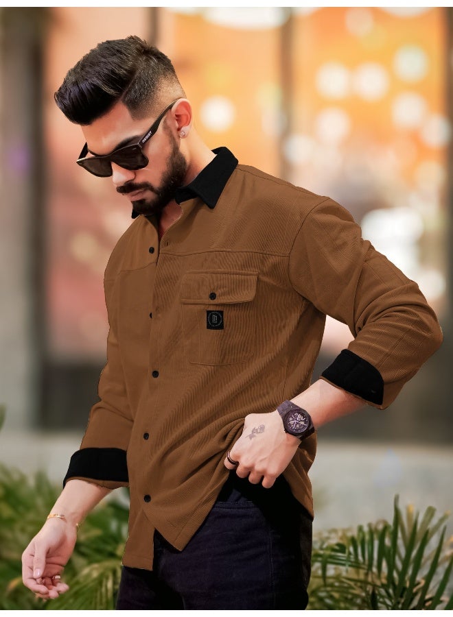 Maniac Maniac Mens Solid Collared Neck Full Sleeve Brown and Black Cotton Shirt  - Image 5