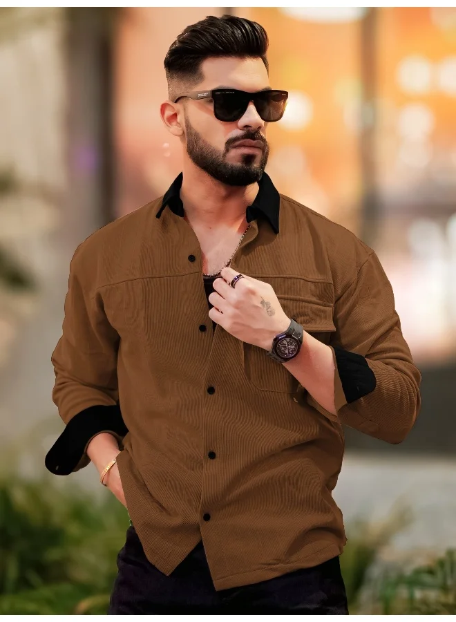 Maniac Maniac Mens Solid Collared Neck Full Sleeve Brown and Black Cotton Shirt